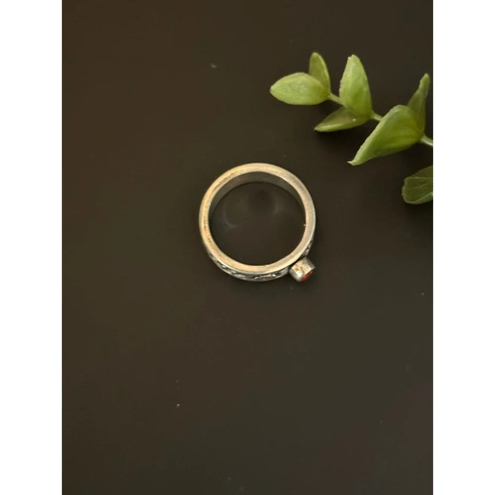 Sterling Silver 925 Floral Spinner Ring Orange Red Stone Boho Meditation Band 10